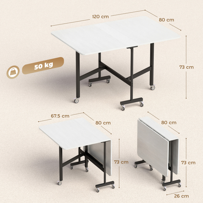  Masa pliabila pentru 4-6 persoane cu 2 extensii si roti cu frana, 120x80x73 cm, alb cu aspect de lemn [3]