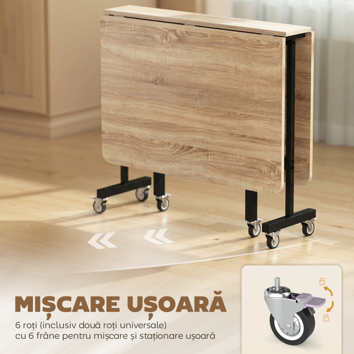  Masa Pliabila pentru 4-6 Persoane cu 2 Extensii si Roti cu Frana, 120x80x73 cm, Stejar [6]