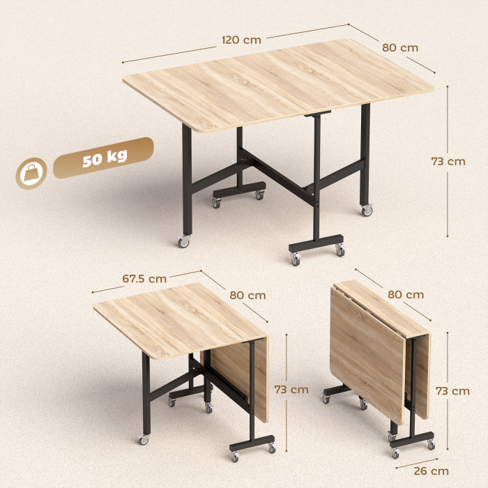  Masa Pliabila pentru 4-6 Persoane cu 2 Extensii si Roti cu Frana, 120x80x73 cm, Stejar [3]
