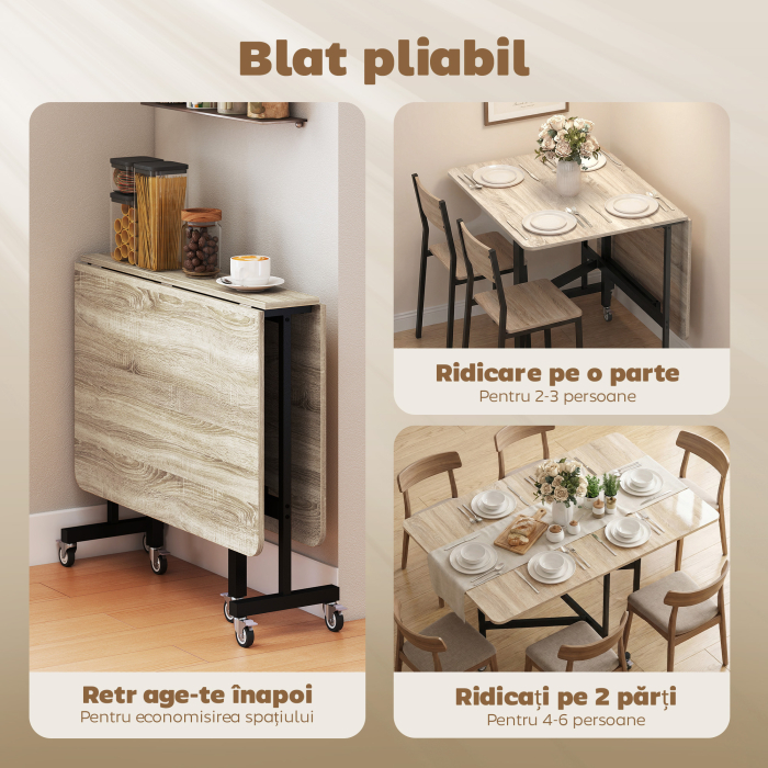 Masa Pliabila pentru 4-6 Persoane cu 2 Extensii si Roti cu Frana, 120x80x73 cm, Stejar [5]