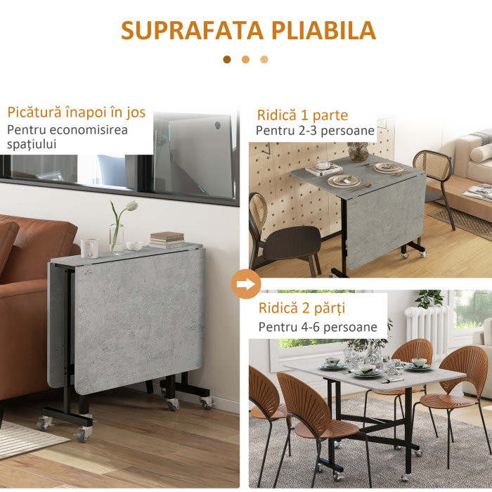  Masa Pliabila pentru 4-6 Persoane, Masa de Bucatarie Moderna cu Spatiu Economic si 6 Roti, 120x80x73 cm, Gri [5]