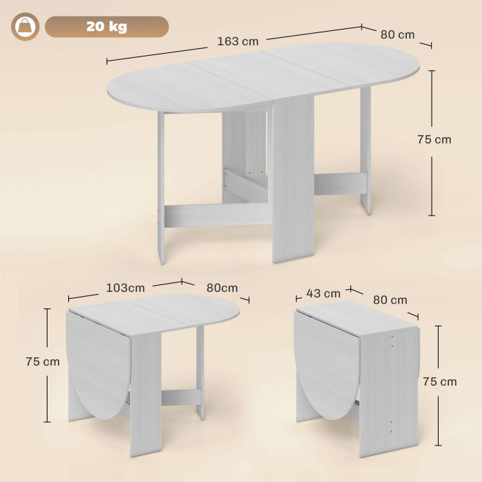  Masa Pliabila pentru 6 Persoane cu 2 Extensii Ovale din Lemn, 163x80x75 cm, Alb [3]