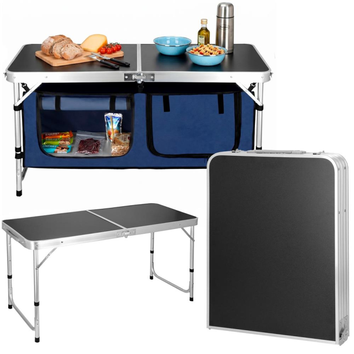 Masa pliabila pentru camping cu organizator suspendat, inaltime reglabila, aluminiu si MDF, 120x47x71 cm, negru si argintiu [4]