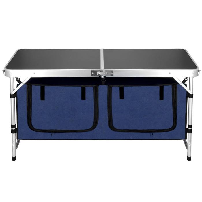 Masa pliabila pentru camping cu organizator suspendat, inaltime reglabila, aluminiu si MDF, 120x47x71 cm, negru si argintiu [14]