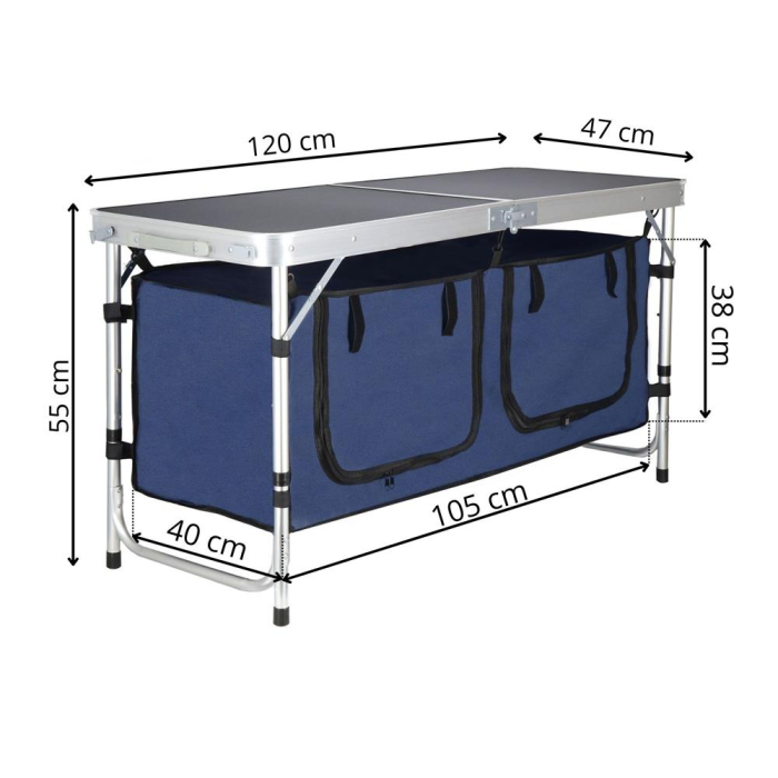 Masa pliabila pentru camping cu organizator suspendat, inaltime reglabila, aluminiu si MDF, 120x47x71 cm, negru si argintiu [27]