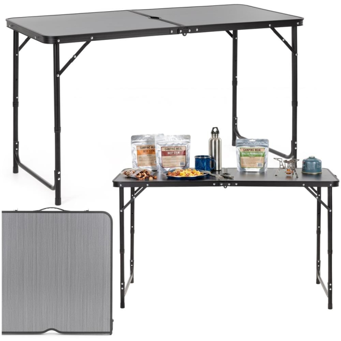 Masa pliabila pentru camping cu suport umbrela, reglabila pe inaltime, aluminiu si MDF, 120x60x71 cm, negru si gri [3]