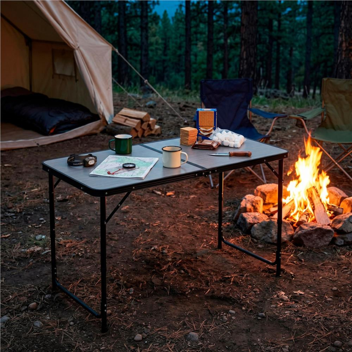 Masa pliabila pentru camping cu suport umbrela, reglabila pe inaltime, aluminiu si MDF, 120x60x71 cm, negru si gri [23]