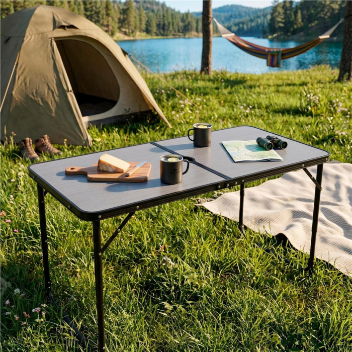 Masa pliabila pentru camping cu suport umbrela, reglabila pe inaltime, aluminiu si MDF, 120x60x71 cm, negru si gri [22]