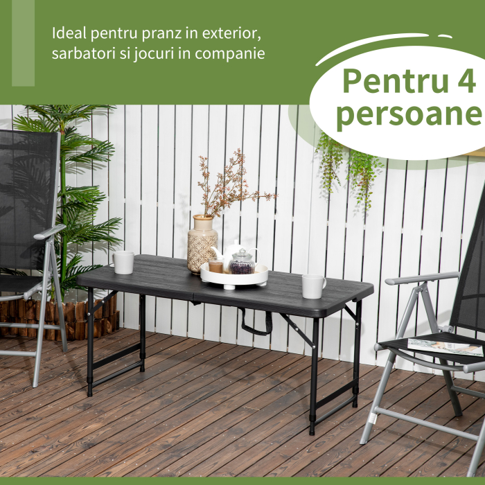  Masa pliabila pentru gradina pentru 4 persoane, Masa dreptunghiulara de exterior cu inaltime reglabila, cu blat de masa din HDPE si cadru de otel, gri inchis [4]