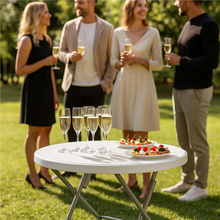 Masa pliabila rotunda pentru gradina sau catering 75x80 cm, HDPE si metal, alb [18]