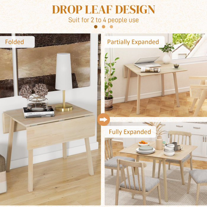  Masa Plianta cu Economie de Spatiu cu 2 Clapete, Masa pentru 2-4 Persoane din Lemn de Pin, 110x86x75 cm, Lemn Natural [4]