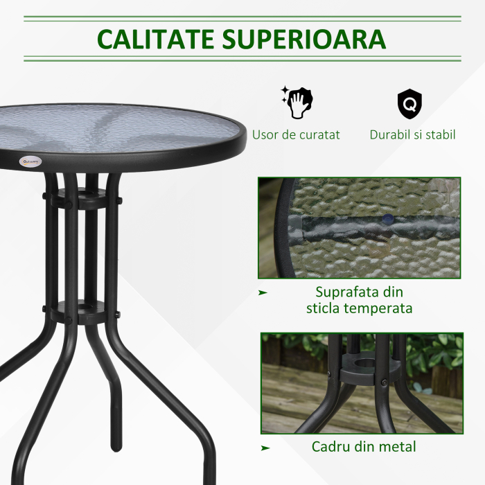  Masa Rotunda de Gradina cu Blat din Sticla Securizata, Φ60x70 cm, Negru [4]