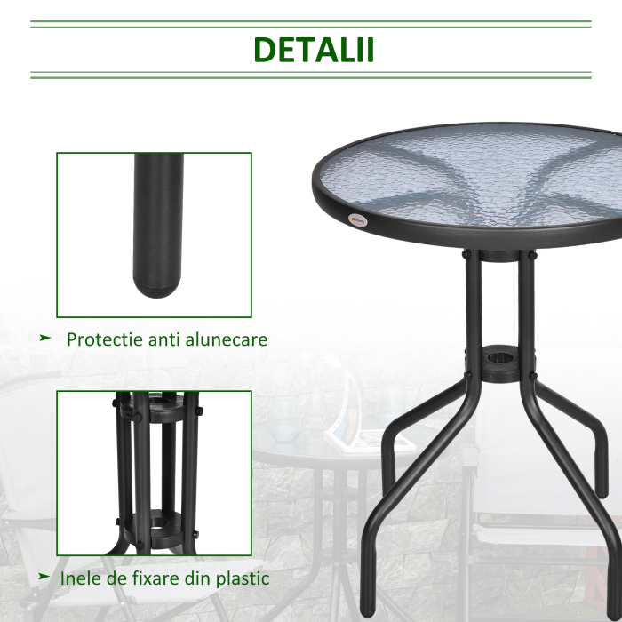  Masa Rotunda de Gradina cu Blat din Sticla Securizata, Φ60x70 cm, Negru [6]