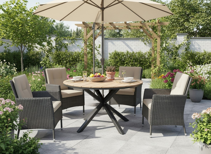 Masa rotunda pentru gradina, cadru aluminiu cu blat polywood aspect lemn, 112x73 cm, maro natur [7]