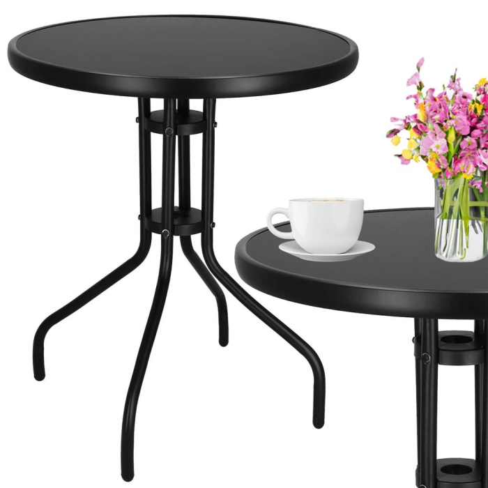 Masa rotunda pentru gradina sau balcon, blat din sticla securizata fumurie, 60 x 70 cm, negru [10]
