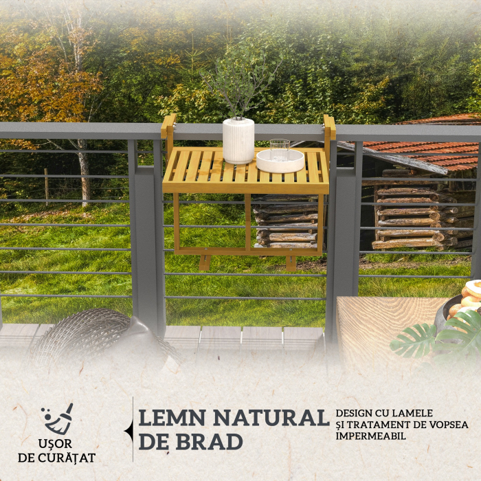  Masa Suspendata de Exterior, Masa Reglabila pentru Balustrada, Blat Suport cu Montare pe Perete, 68x65x40,5-55 cm, Tec [5]