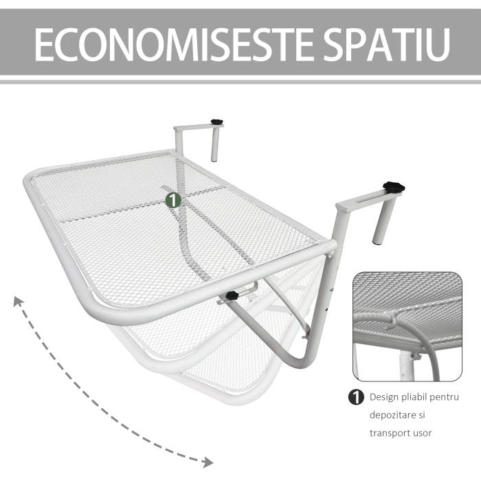  Masa suspendata pentru balustrada, reglare pe 3 niveluri, dreptunghiulara, din metal, 60x40x40/45/50cm alb [5]