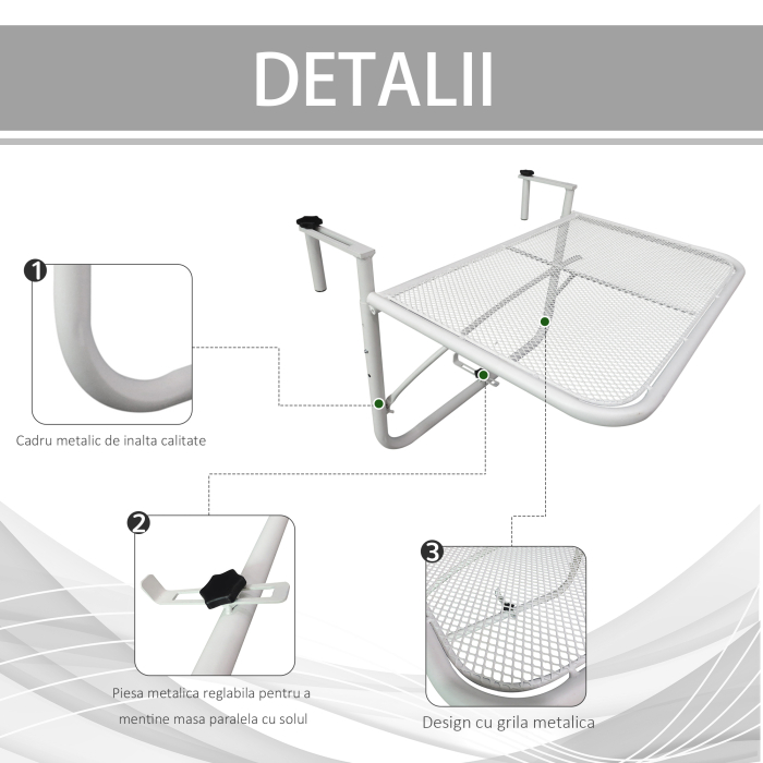  Masa suspendata pentru balustrada, reglare pe 3 niveluri, dreptunghiulara, din metal, 60x40x40/45/50cm alb [6]