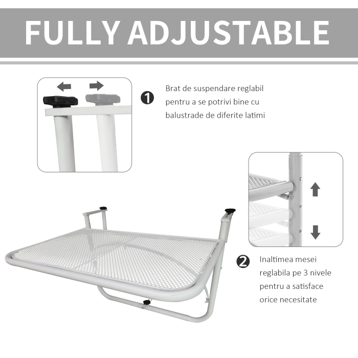  Masa suspendata pentru balustrada, reglare pe 3 niveluri, dreptunghiulara, din metal, 60x40x40/45/50cm alb [4]