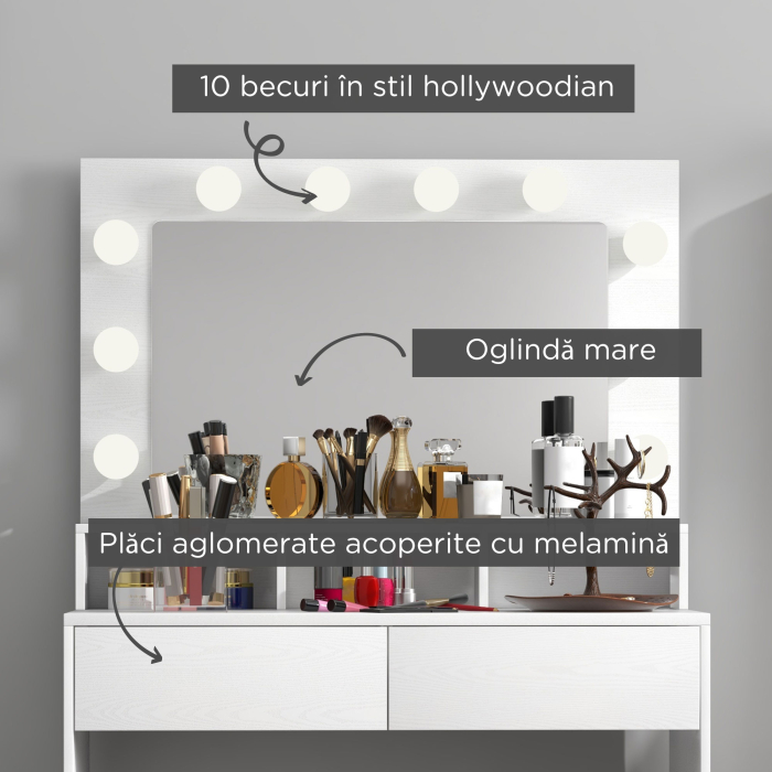  Masa Toaleta cu Oglinda si Lumina Reglabila, 2 Sertare si 3 Compartimente Alb [6]