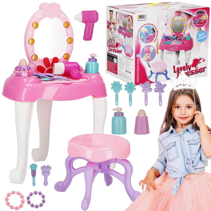 Masa toaleta pentru copii, cu taburet, 19 accesorii joaca, din plastic, 37x20x60 cm, roz [12]