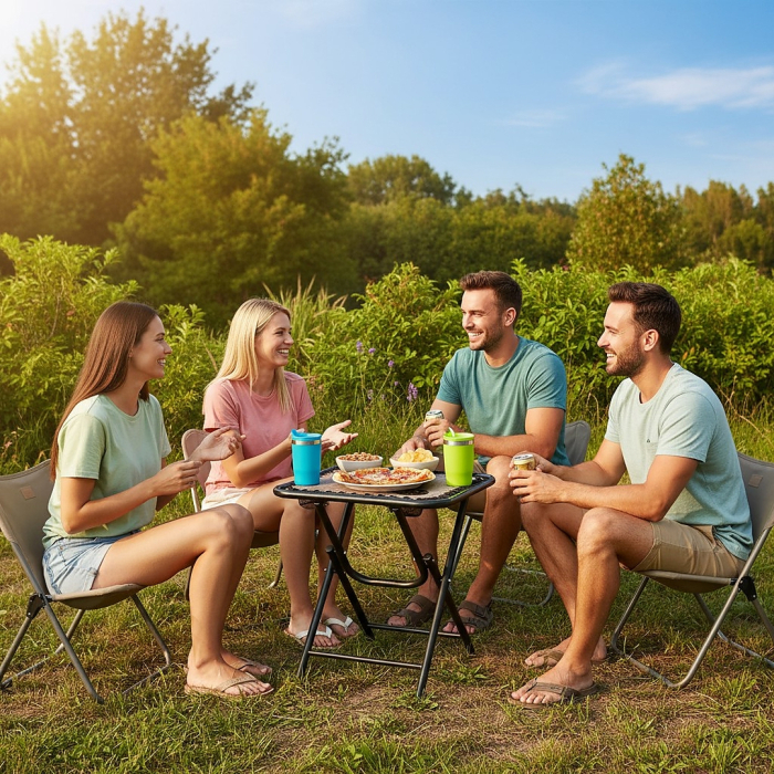 Masa turistica pliabila pentru camping, cu suport pahare, 50x50x50 cm, maro [4]