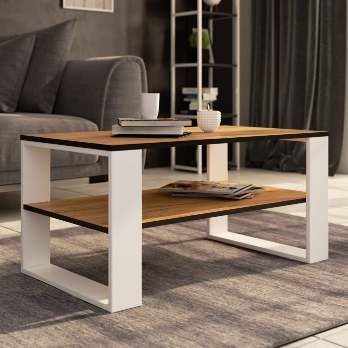 Masuta cafea ALEX cu raft inferior, PAL laminat, 92x53x45 cm, stejar craft si alb [5]