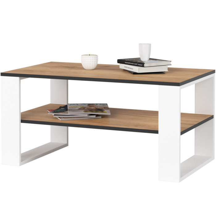 Masuta cafea ALEX cu raft inferior, PAL laminat, 92x53x45 cm, stejar craft si alb [2]