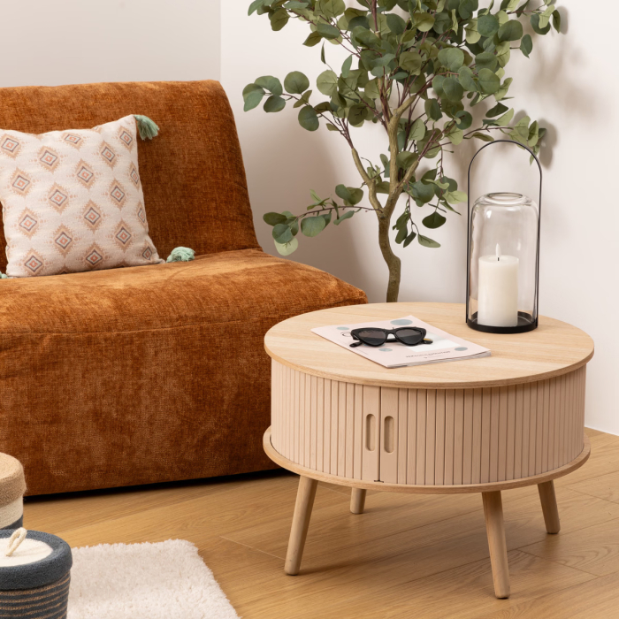 Masuta cafea rotunda Atmosphera Nysos cu usi glisante si raft, 60x40 cm, crem natur [3]