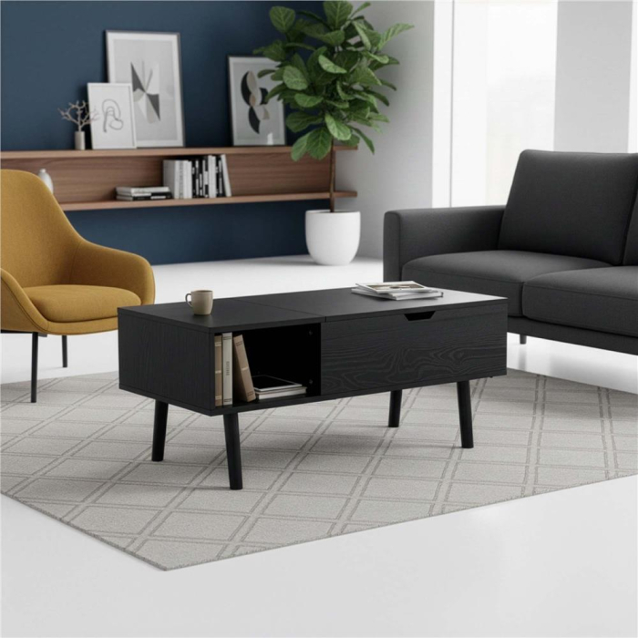 Masuta de cafea cu blat rabatabil si spatiu de depozitare, cadru metalic si PAL, 100x50x43 cm, negru [11]