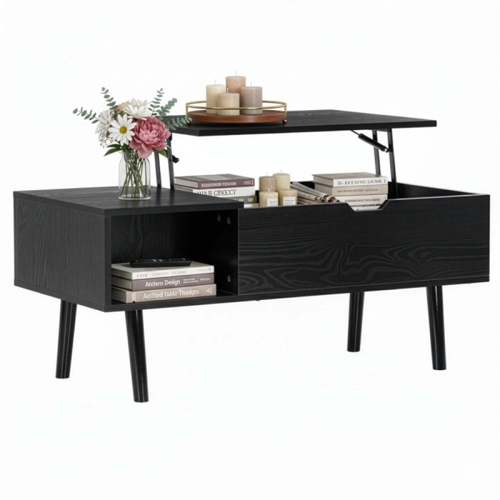 Masuta de cafea cu blat rabatabil si spatiu de depozitare, cadru metalic si PAL, 100x50x43 cm, negru [2]