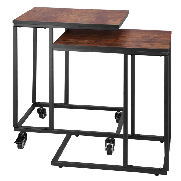 Masuta de cafea, cu cadru de otel si roti, industrial, 35x50x66 cm, maro wenge [10]