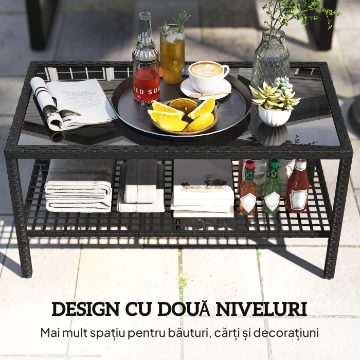  Masuta de Cafea din Ratan pe 2 Niveluri cu Raft, Blat din Sticla Securizata, Masuta de Exterior cu Cadru din Otel, 92x50x45 cm, Negru [4]