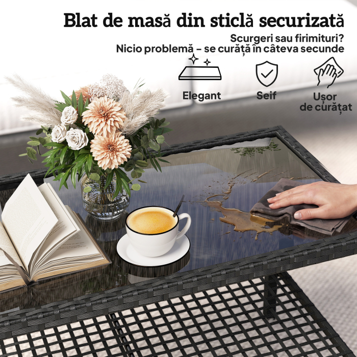  Masuta de Cafea din Ratan pe 2 Niveluri cu Raft, Blat din Sticla Securizata, Masuta de Exterior cu Cadru din Otel, 92x50x45 cm, Negru [6]