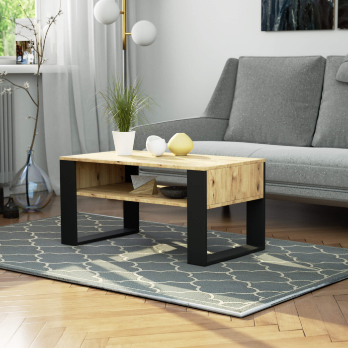 Masuta de cafea Domi cu raft inferior, blat laminat, 92x50x45 cm, stejar artisan si negru [5]