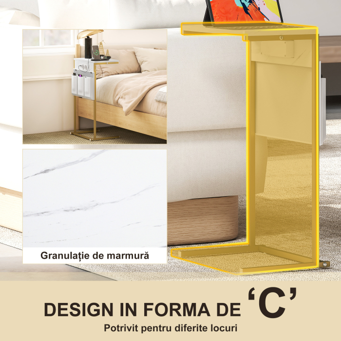  Masuta de Cafea in Forma de C cu Efect de Marmura, cu Prize si Porturi USB Integrate, Alb [5]