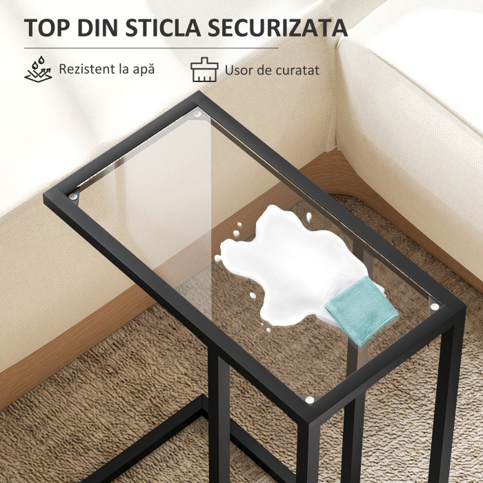  Masuta de Cafea in Forma de C din Sticla si Otel, 46x25x63.5 cm, Negru [5]