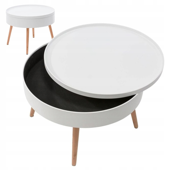 Masuta de cafea rotunda 60x40 cm, cu blat detasabil si spatiu depozitare, picioare din lemn de pin, alba [11]