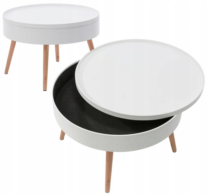 Masuta de cafea rotunda 60x40 cm, cu blat detasabil si spatiu depozitare, picioare din lemn de pin, alba [2]