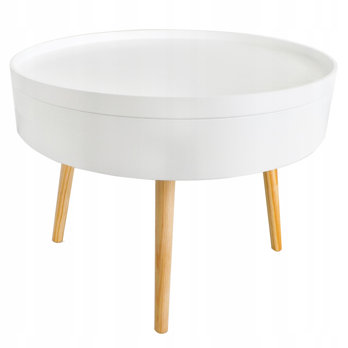 Masuta de cafea rotunda 60x40 cm, cu blat detasabil si spatiu depozitare, picioare din lemn de pin, alba [13]