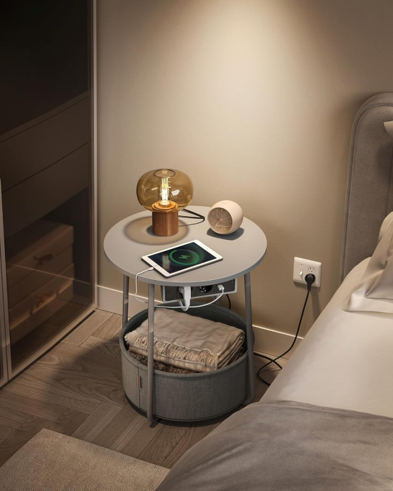 Masuta de cafea rotunda cu cos de stofa, statie de incarcare 2 prize si 2 USB, 45x50cm, gri argintiu [2]