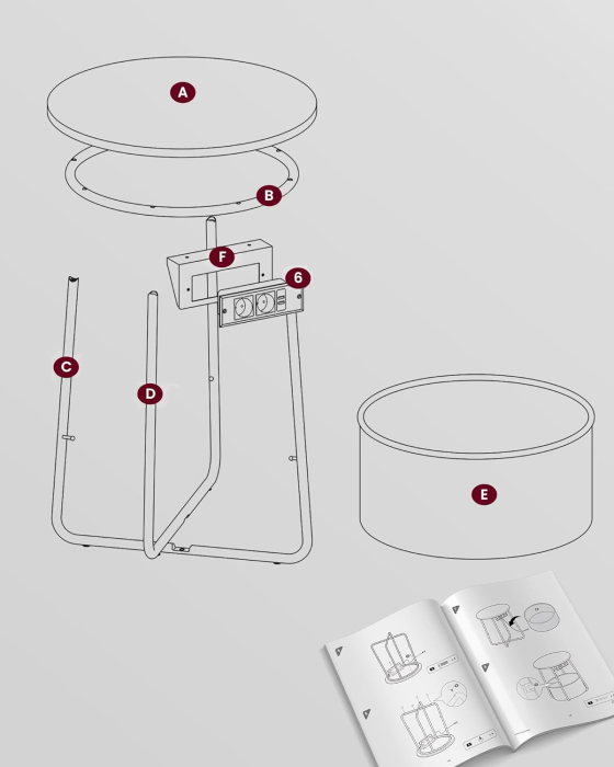 Masuta de cafea rotunda cu cos de stofa, statie de incarcare 2 prize si 2 USB, 45x50cm, gri argintiu [7]