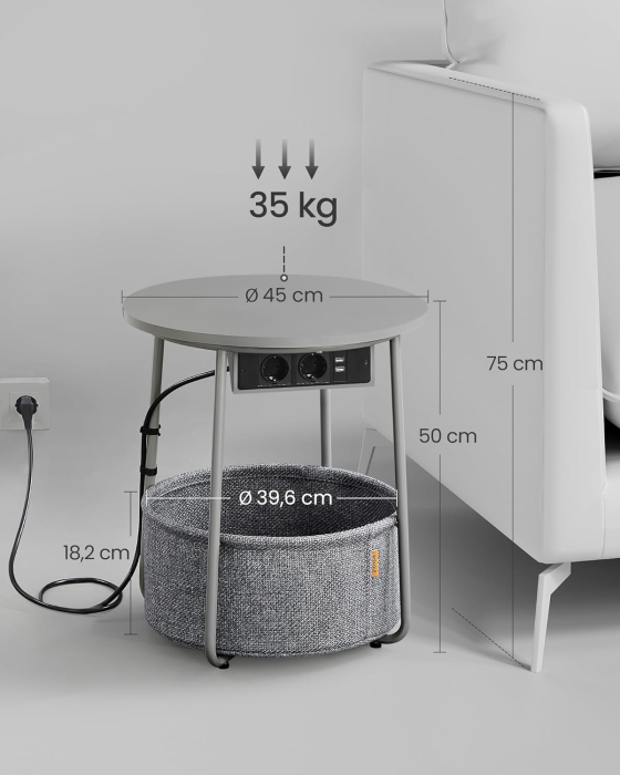 Masuta de cafea rotunda cu cos de stofa, statie de incarcare 2 prize si 2 USB, 45x50cm, gri argintiu [3]