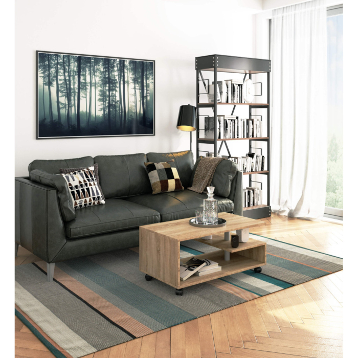 Masuta de cafea Vini pe roti, cu raft inferior si blat din PAL laminat, 90x51x40 cm, stejar sonoma [4]