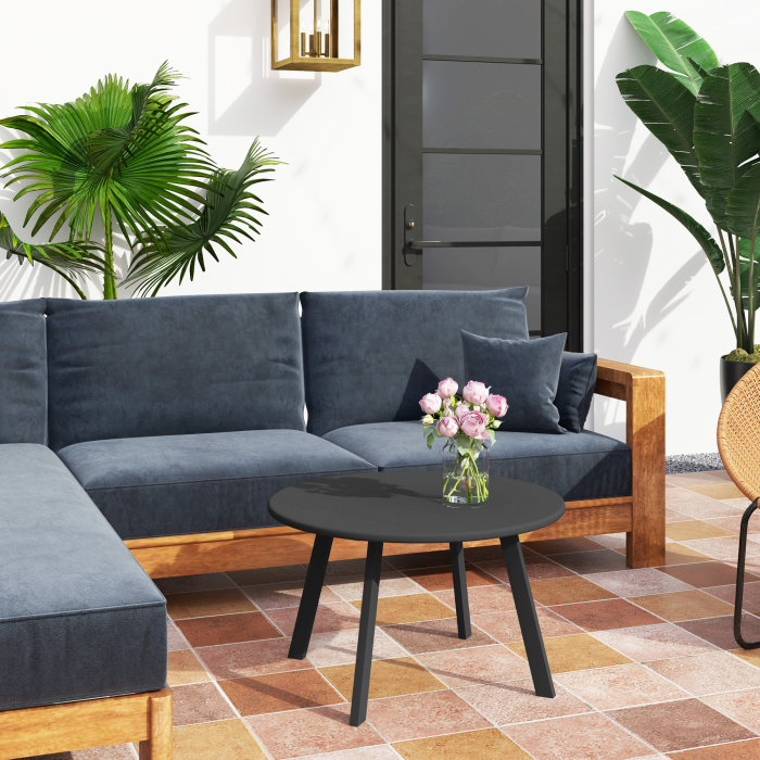  Masuta de Gradina Rotunda in Stil Industrial cu Picioare Antiderapante, Ø70x42 cm, Negru [2]