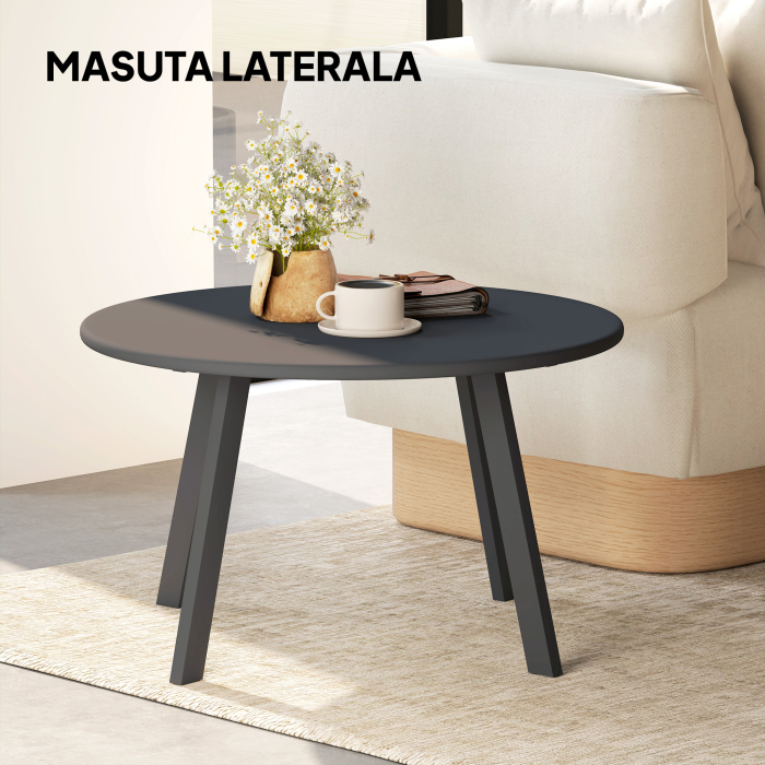  Masuta de Gradina Rotunda in Stil Industrial cu Picioare Antiderapante, Ø70x42 cm, Negru [7]