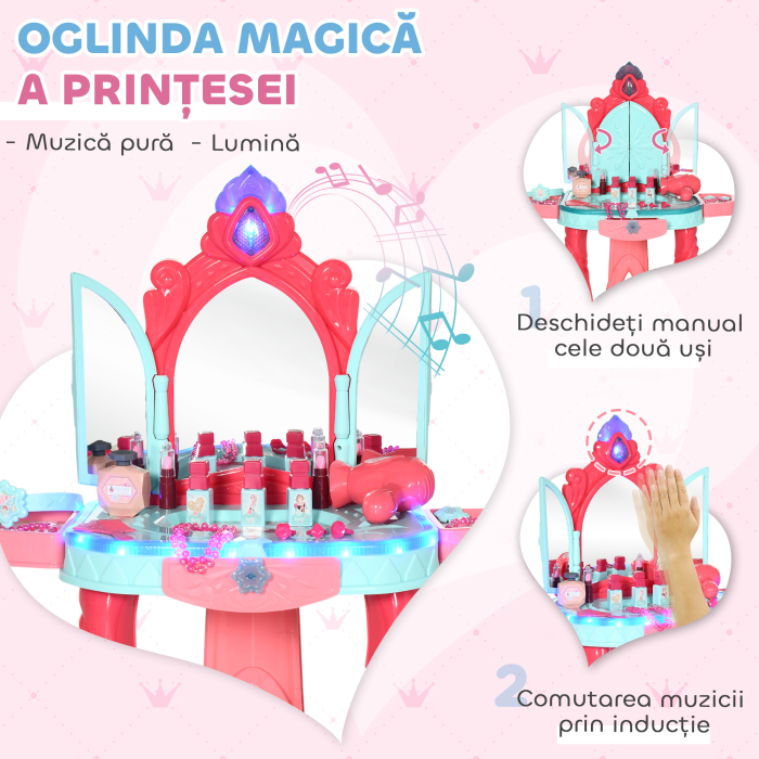  Masuta de toaleta pentru fetite cu scaun, oglinda, lumini si accesorii, din PP si GPPS, 57x34x76 cm, multicolor [4]