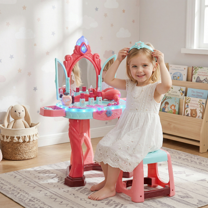  Masuta de toaleta pentru fetite cu scaun, oglinda, lumini si accesorii, din PP si GPPS, 57x34x76 cm, multicolor [2]