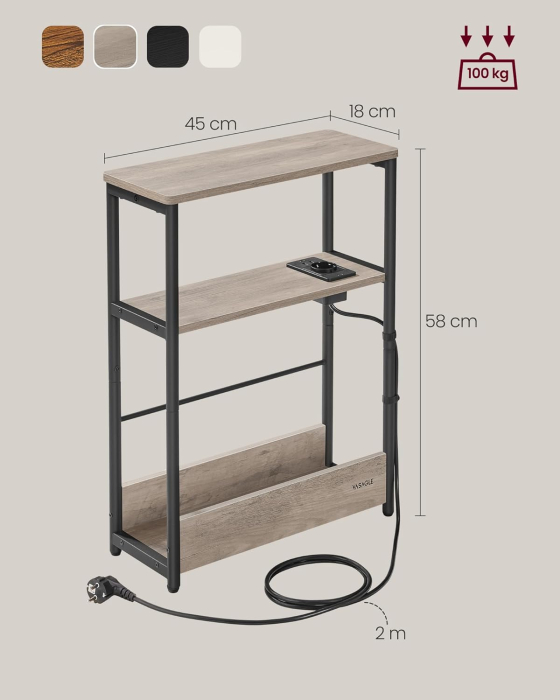 Masuta ingusta cu priza si porturi de incarcare USB, 3 rafturi, 45x18x58 cm, gri [2]