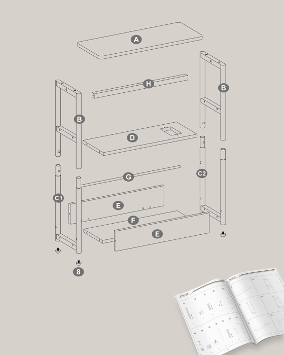 Masuta ingusta cu priza si porturi de incarcare USB, 3 rafturi, 45x18x58 cm, gri [8]